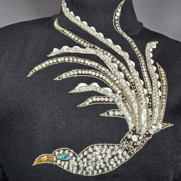 Vintage Black Sweater Silver Sequined Beaded Bird Size M High Neck 90s Y2K - Picture 5 of 11